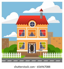 Two-storey cute little house with a white fence. City landscape. Vector cartoon illustration 