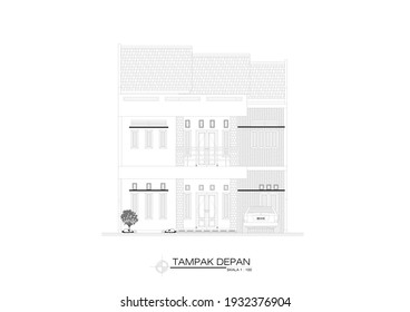 Two-storey home front view, AutoCAD, vector.