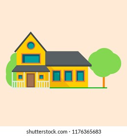 Two-storey house with an attic. Vector illustration in a flat style.