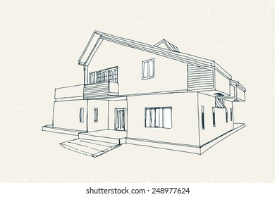 two-storey house with balcony vector sketch