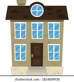 Two-storey house, with a chimney and a round window in the attic, beige brick and brown roof, vector illustration, flat