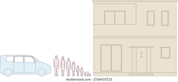 Two-storey house exterior, illustration of parent-child family and private car