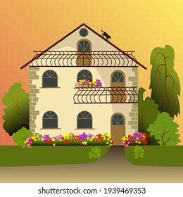 Two-storey house. house with flowers, cat on the roof. Vector illustration for web design, websites, print and backgrounds.