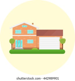 two-storey house with a garage and trees on a light background, vector illustration in flat style