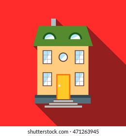 Two-storey house with green roof icon in flat style with long shadow