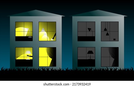 Casa de dos pisos con luces encendidas y apagadas por la noche, manos humanas apagando las luces de la casa. Vista exterior en la ventana. Guardar concepto de electricidad