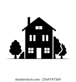 Two-storey house and trees icon. Black silhouette. Front view. Vector simple flat graphic illustration. Isolated object on white background. Isolate.