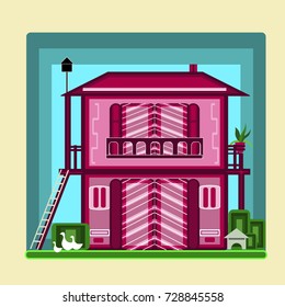 Two-storey house in the village. Stylized Image. Vector illustration