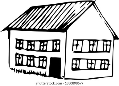Two-storey house, with windows and a door.