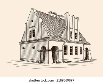 Two-storey old building in classical style with columns and balconies. Front entrance to the building. A quick pencil sketch on a beige background.
