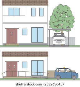 Two-storey and one-storey houses and a private car. Illustration of a reduction and renovation