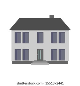A two-storey prefabricated house with a hipped roof and large windows.
