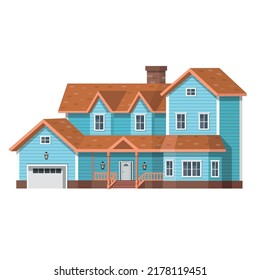 Two-storey residential bluehouse with brown roof and with garage isolated on white background.