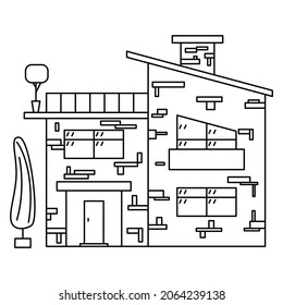 A two-storey residential building with an open large balcony and a sloping roof. Vector complex icon with detail, offline, isolated. Editable stroke.