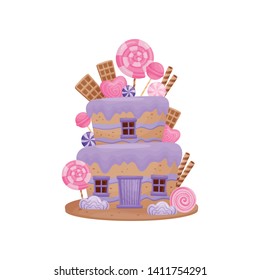 Two-storey sweet house with purple glaze. Vector illustration on white background.