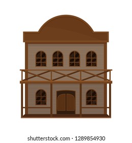 Two-storey western house with swinging doors, porch and balcony. Old wooden building. Flat vector icon