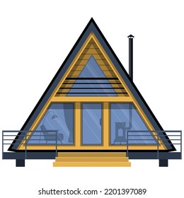 Two-storied A-frame House With Terrace, Summer Cottage, Front View, Vector