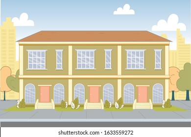 Two-Storied Building Exterior with Three Entrance. Condominium Facade. Hotel or Hostel. Residential Real Estate. Apartment House on Multiple Hosts. City Dwelling. Vector Flat Illustration