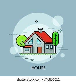 Two-storied house with red roof surrounded by green trees. Concept of housing, residential building, real estate. Creative vector illustration in flat style for web banner, poster, advertisement.