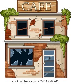 Two-story abandoned cafe, cracked walls, shattered windows, overgrown vines, flat vector illustration style