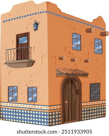 Two-story adobe house with balcony and tiles