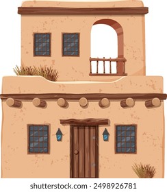 Two-story adobe house with wooden accents