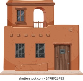 Two-story adobe house with wooden accents