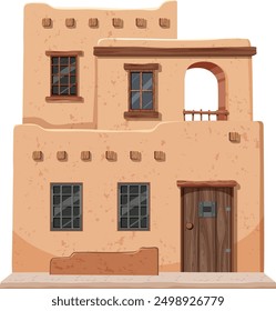 Two-story adobe house with wooden windows