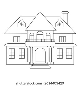 Two-story black and white vector house with columns isolated on a white background.