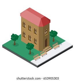 Two-story building with benches and trees in isometric view.