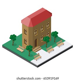 Two-story building with benches and trees in isometric view.
