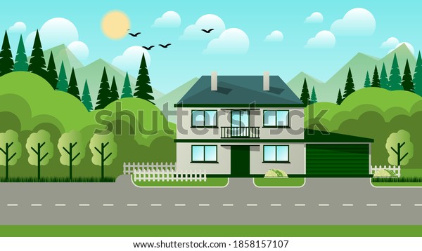 a two-storey country house with a garage, a fence, flower beds, a garden by the road with a green background, a coniferous forest, a sky with the sun, clouds, silhouettes of flying birds.