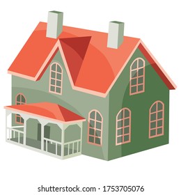 two-story country house with a red roof, flat, cartoon illustration, isolated object on a white background, vector illustration,