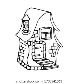Two-story fairytale house for gnomes, fairies hand drawn isolated on a white background. Magical fairytale cartoon close-up. Line art. Vector illustration