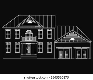 A two-story house with a clean black outline, showcasing a classic front elevation design. The detailed drawing highlights symmetrical windows, a centered front door, and a pitched roof.
