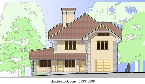 Two-story house. Cottage. Vector illustration. Cottage family. Advertise property