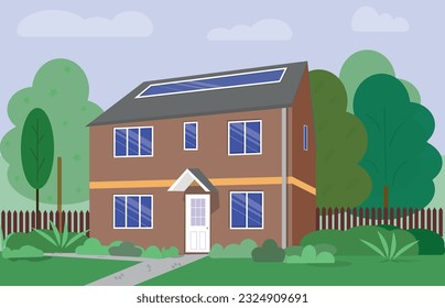two-story house with a fence, trees and a path. Simple flat illustration.