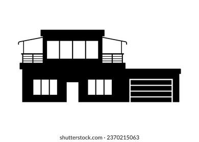 Two-story house with garage icon. Black silhouette. Front view. Vector simple flat graphic illustration. Isolated object on a white background. Isolate.