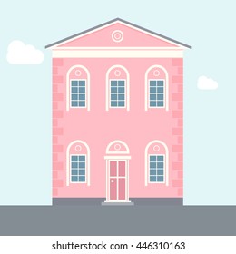 Two-story house. Pink flat apartment building. Old architecture. Vector illustration of house. 