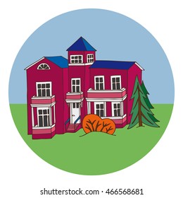 Two-story house with a porch and  balconies. Autumn.  Vector illustration.