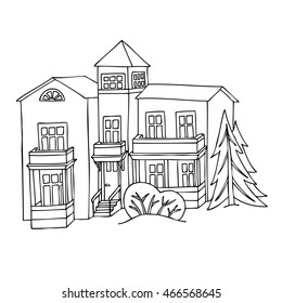 Two-story house with a porch and  balconies. Outline vector illustration.