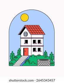 Two-story house with a red roof, surrounded by green bushes and a stone water well under a bright sunny sky in cartoon illustration hand drawn for real estate, countryside living, or home