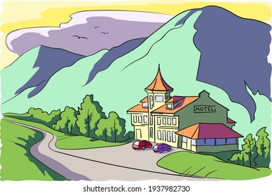 A two-story motel on a mountain road with the surrounding mountains in the background. Evening. There are two cars in the parking lot outside the motel. Trees grow along the road. 