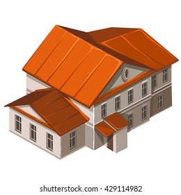 Two-story old residential building isolated on white background. Vector illustration.