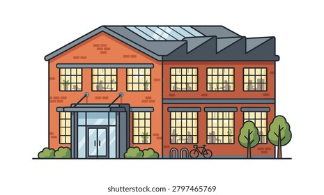 A two-story red brick commercial building featuring a sawtooth roof, large grid windows, a glass-enclosed entrance, and small trees in front.