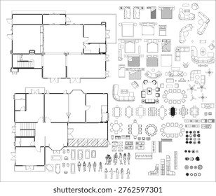 Two-Story Residential House Floor Plan Drawing with Interior Design Layout and Furniture Blocks, Architectural Top View Blueprint
