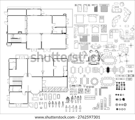 Two-Story Residential House Floor Plan Drawing with Interior Design Layout and Furniture Blocks, Architectural Top View Blueprint