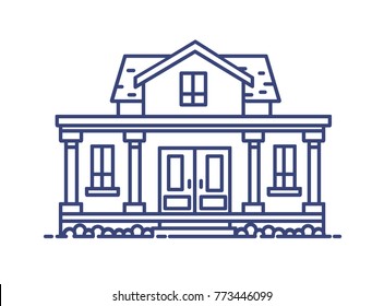 Two-story residential house with porch and columns built in classic architectural style. Elegant building drawn with blue contour lines on white background. Vector illustration in lineart style.