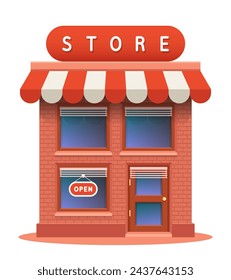 Two-story store. Shop with brick wall. Vector 3D clipart isolated on white background.