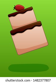 Two-story strawberry cake decorated with chocolate glaze soars in the air on a green background in vector. There is shadow below it on the ground.